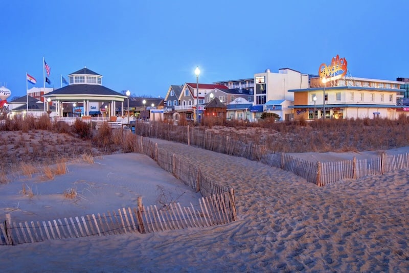Rehoboth Beach boardwalk area at sunset